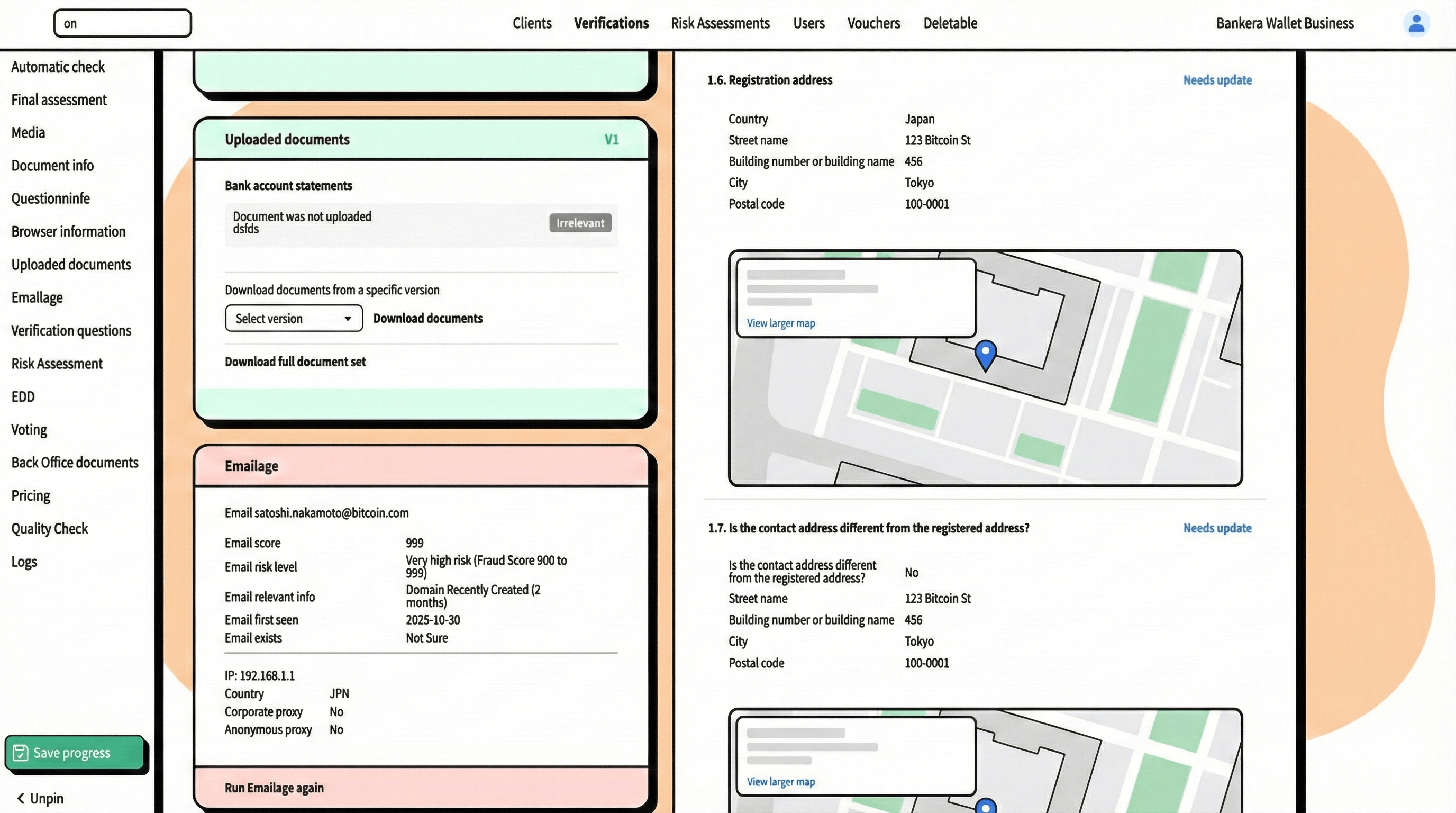Map view validating registration address with parsed street, city, and postal code.