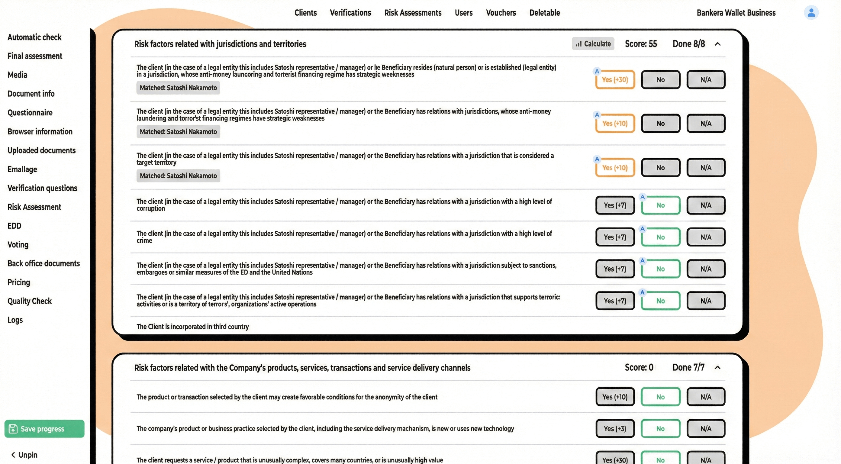 Interactive checklist assigning risk points and matching entities to factors.